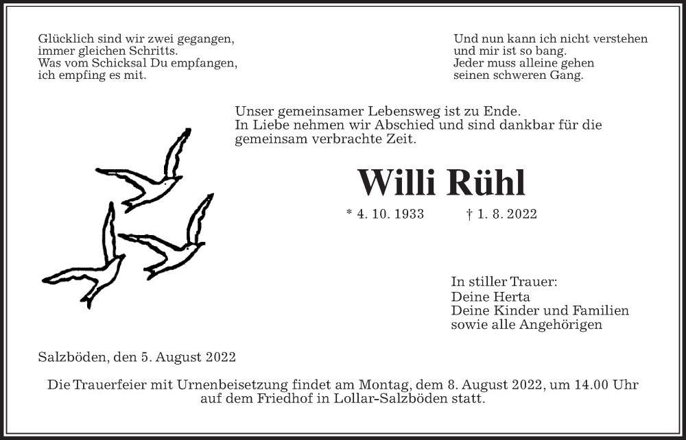  Traueranzeige für Willi Rühl vom 05.08.2022 aus Giessener Allgemeine, Alsfelder Allgemeine