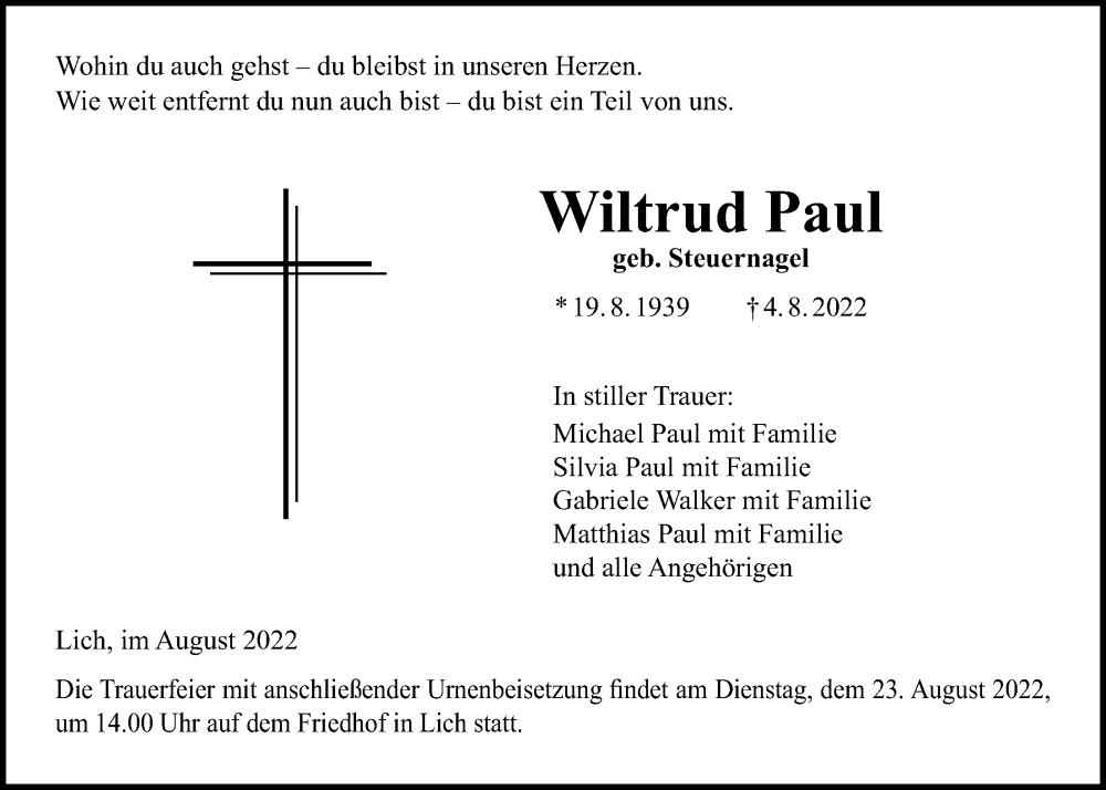  Traueranzeige für Wiltrud Paul vom 11.08.2022 aus Licher Wochenblatt
