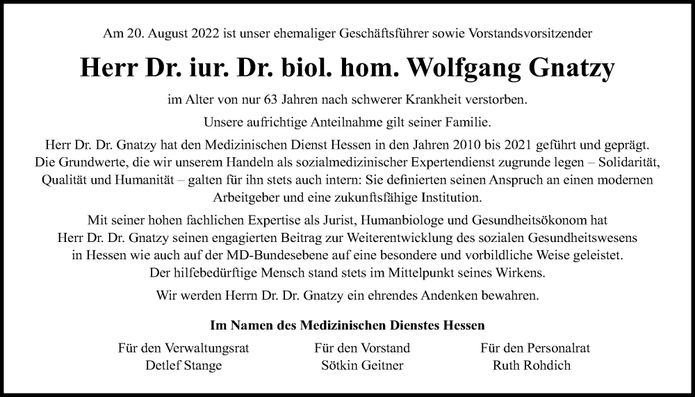  Traueranzeige für Wolfgang Gnatzy vom 25.08.2022 aus Giessener Allgemeine, Alsfelder Allgemeine