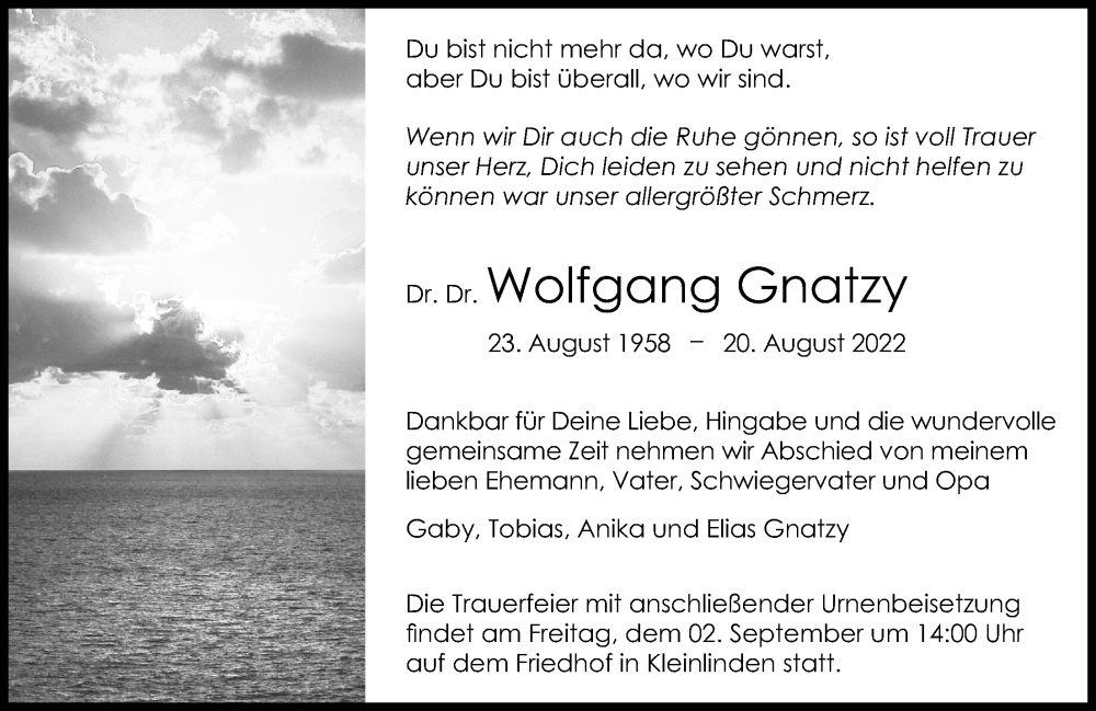  Traueranzeige für Wolfgang Gnatzy vom 27.08.2022 aus Giessener Allgemeine, Alsfelder Allgemeine, Giessener Anzeiger