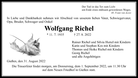 Traueranzeige von Wolfgang Richel von Giessener Allgemeine, Giessener Anzeiger, Alsfelder Allgemeine