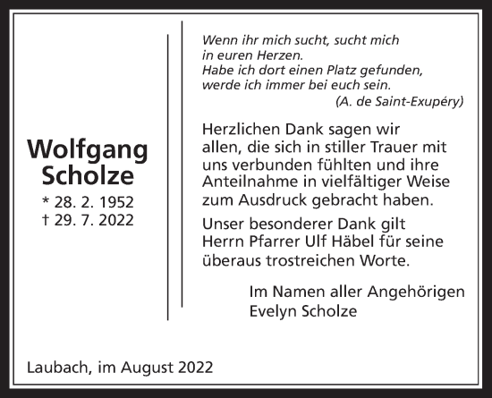 Traueranzeige von Wolfgang Scholze von Laubacher Anzeiger