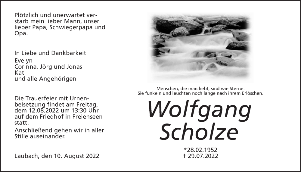  Traueranzeige für Wolfgang Scholze vom 10.08.2022 aus Laubacher Anzeiger