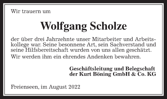 Traueranzeige von Wolfgang Scholze von Giessener Allgemeine, Alsfelder Allgemeine