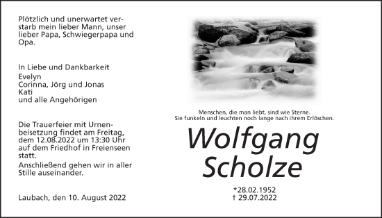 Traueranzeige von Wolfgang Scholze von Laubacher Anzeiger