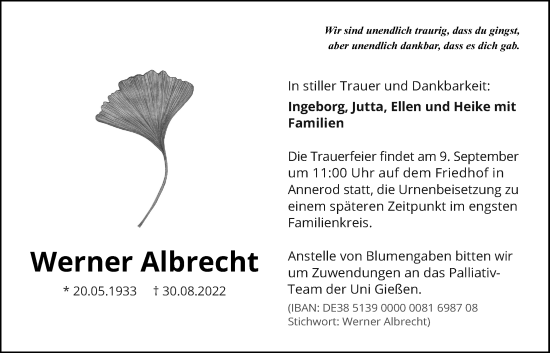 Traueranzeige von Albrecht Werner von Giessener Allgemeine, Alsfelder Allgemeine