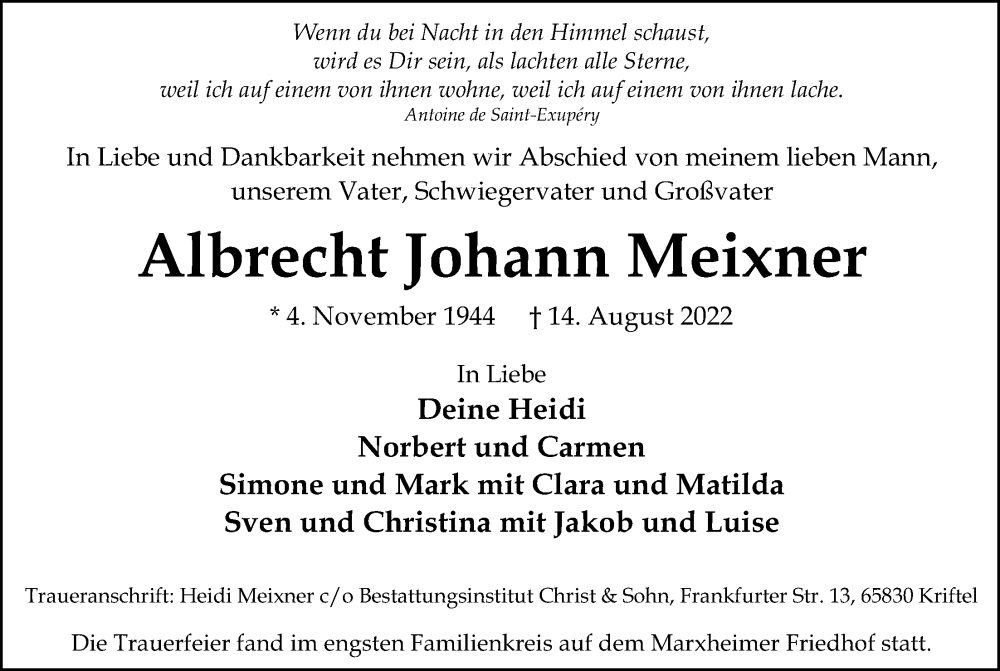  Traueranzeige für Albrecht Johann Meixner vom 23.09.2022 aus 