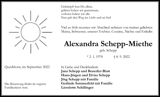 Traueranzeige von Alexandra Schepp-Miethe von Giessener Allgemeine, Alsfelder Allgemeine