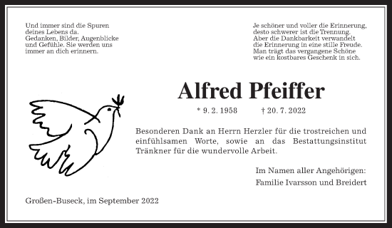 Traueranzeige von Alfred Pfeiffer von Giessener Allgemeine, Alsfelder Allgemeine