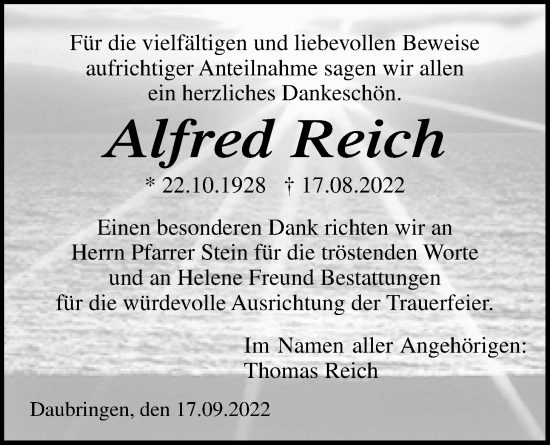 Traueranzeige von Alfred Reich von Giessener Allgemeine, Alsfelder Allgemeine, Giessener Anzeiger