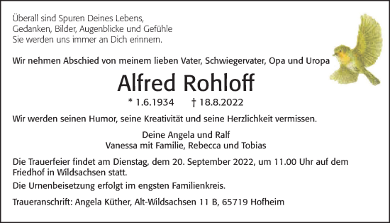 Traueranzeige von Alfred Rohloff 