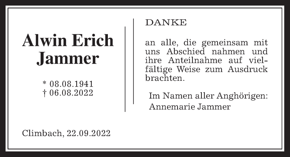  Traueranzeige für Alwin Erich Jammer vom 22.09.2022 aus Allendorfer Mitteilungen