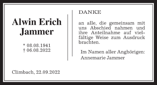 Traueranzeige von Alwin Erich Jammer von Allendorfer Mitteilungen