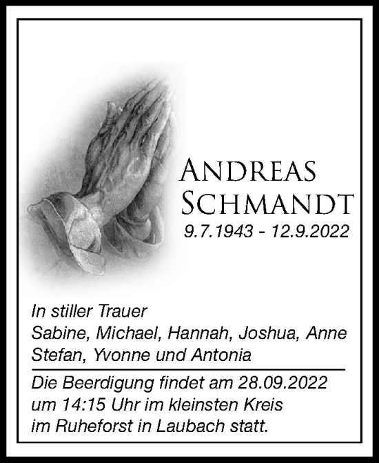 Traueranzeige von Andreas Schmandt von Giessener Allgemeine, Alsfelder Allgemeine