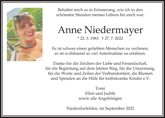 Traueranzeige von Anne Niedermayer von Bad Vilbel/Karben