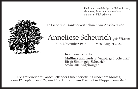 Traueranzeige von Anneliese Scheurich von Bad Vilbel/Karben