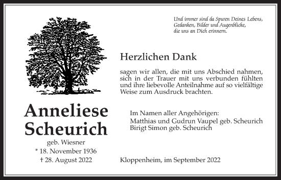 Traueranzeige von Anneliese Scheurich von Bad Vilbel/Karben