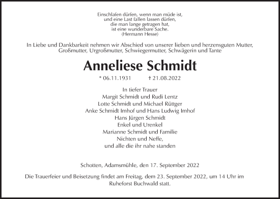 Traueranzeige von Anneliese Schmidt von Kreis-Anzeiger