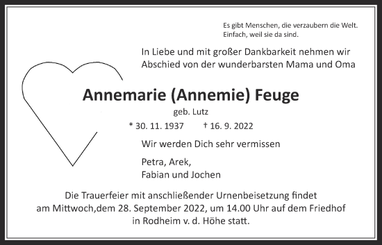 Traueranzeige von Annemarie Feuge von Wetterauer Zeitung