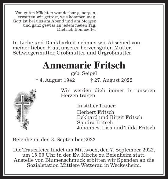 Traueranzeige von Annemarie Fritsch von Wetterauer Zeitung