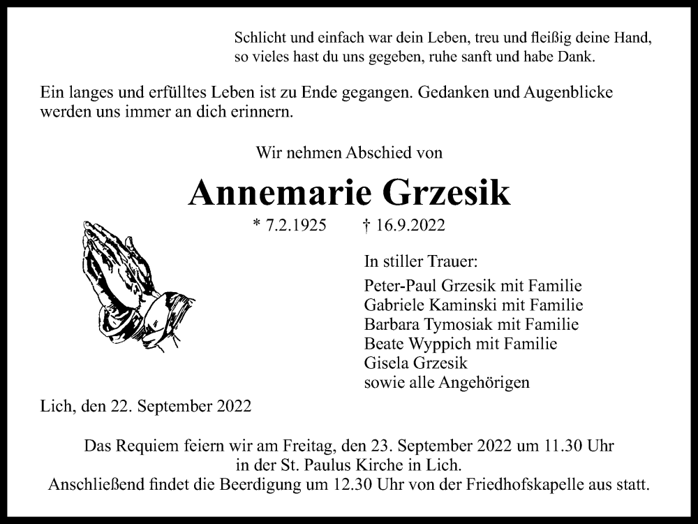  Traueranzeige für Annemarie Grzesik vom 22.09.2022 aus Licher Wochenblatt