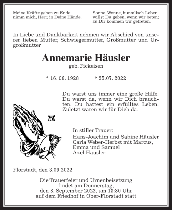 Traueranzeige von Annemarie Häusler von Wetterauer Zeitung