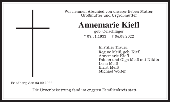 Traueranzeige von Annemarie Kiefl von Wetterauer Zeitung