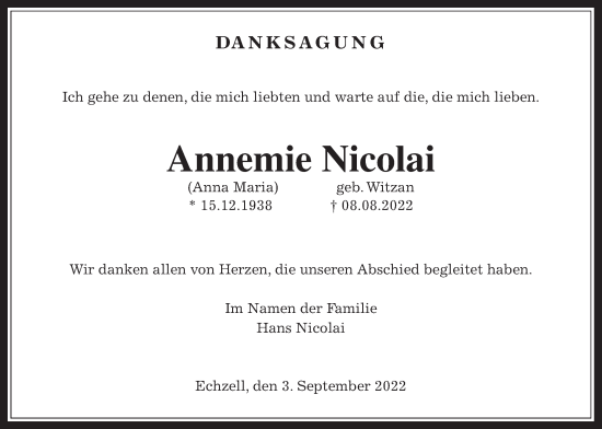 Traueranzeige von Annemie Nicolai von Wetterauer Zeitung