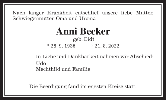 Traueranzeige von Anni Becker von Rabenauer Zeitung