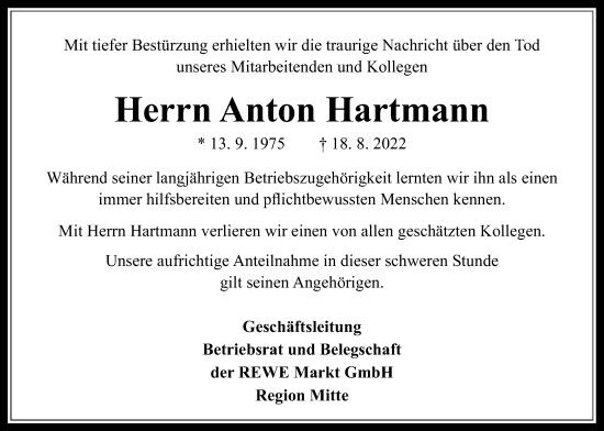 Traueranzeige von Anton Hartmann von Wetterauer Zeitung