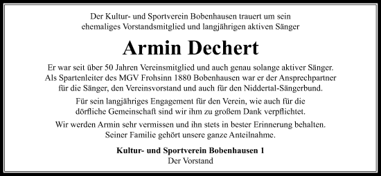 Traueranzeige von Armin Dechert von Kreis-Anzeiger