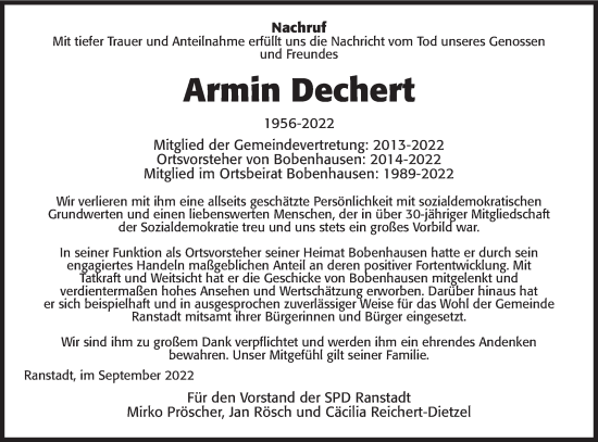 Traueranzeige von Armin Dechert von Kreis-Anzeiger