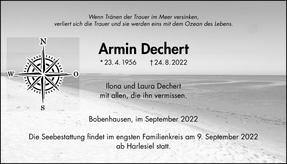  Traueranzeige für Armin Dechert vom 03.09.2022 aus Kreis-Anzeiger