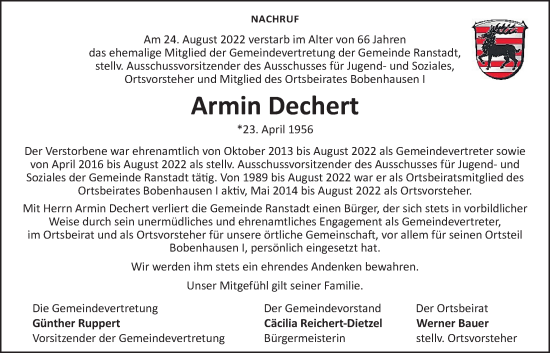 Traueranzeige von Armin Dechert von Kreis-Anzeiger