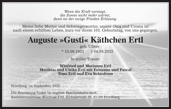 Traueranzeige von Auguste Käthchen Ertl von Wetterauer Zeitung