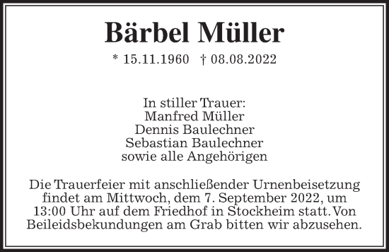 Traueranzeige von Bärbel Müller von Kreis-Anzeiger