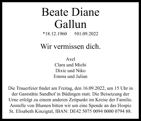 Traueranzeige von Beate Diane Gallun von Kreis-Anzeiger