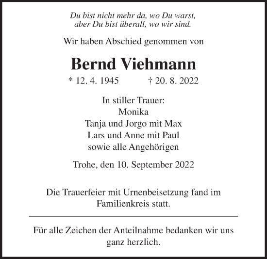 Traueranzeige von Bernd Viehmann von Giessener Anzeiger, Giessener Allgemeine, Alsfelder Allgemeine