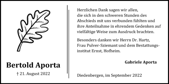 Traueranzeige von Bertold Aporta 