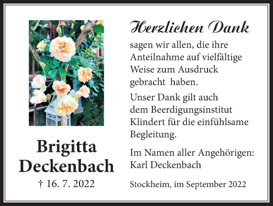 Traueranzeige von Brigitta Deckenbach von Kreis-Anzeiger