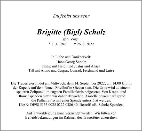 Traueranzeige von Brigitte Scholz von Giessener Anzeiger, Giessener Allgemeine, Alsfelder Allgemeine