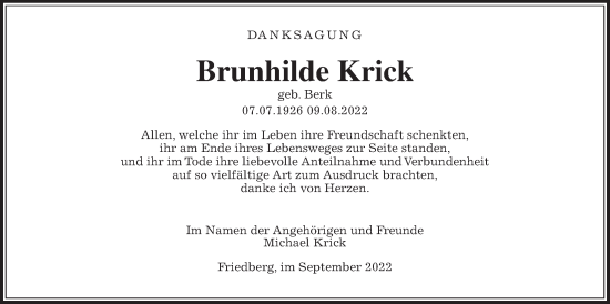 Traueranzeige von Brunhilde Krick von Wetterauer Zeitung