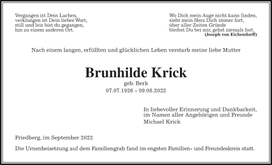 Traueranzeige von Brunhilde Krick von Wetterauer Zeitung