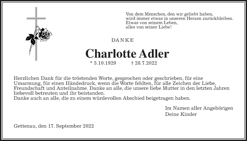  Traueranzeige für Charlotte Adler vom 17.09.2022 aus Wetterauer Zeitung
