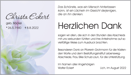 Traueranzeige von Christa Eckert von Licher Wochenblatt