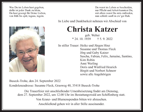 Traueranzeige von Christa Katzer von Giessener Allgemeine, Alsfelder Allgemeine, Giessener Anzeiger