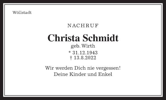 Traueranzeige von Christa Schmidt von Wetterauer Zeitung