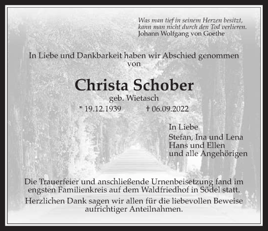 Traueranzeige von Christa Schober von Wetterauer Zeitung