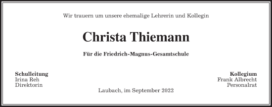 Traueranzeige von Christa Thiemann von Laubacher Anzeiger