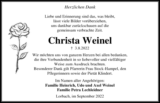 Traueranzeige von Christa Weinel von Kreis-Anzeiger